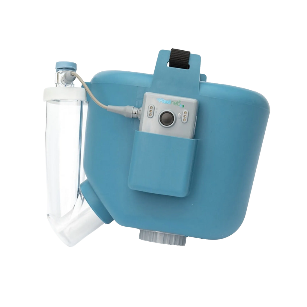 Flexineb® E3 Portable Equine Nebulizer Complete System with 2 Standard Med Cups,"Blue nebulizer unit with attached clear medication cup"
