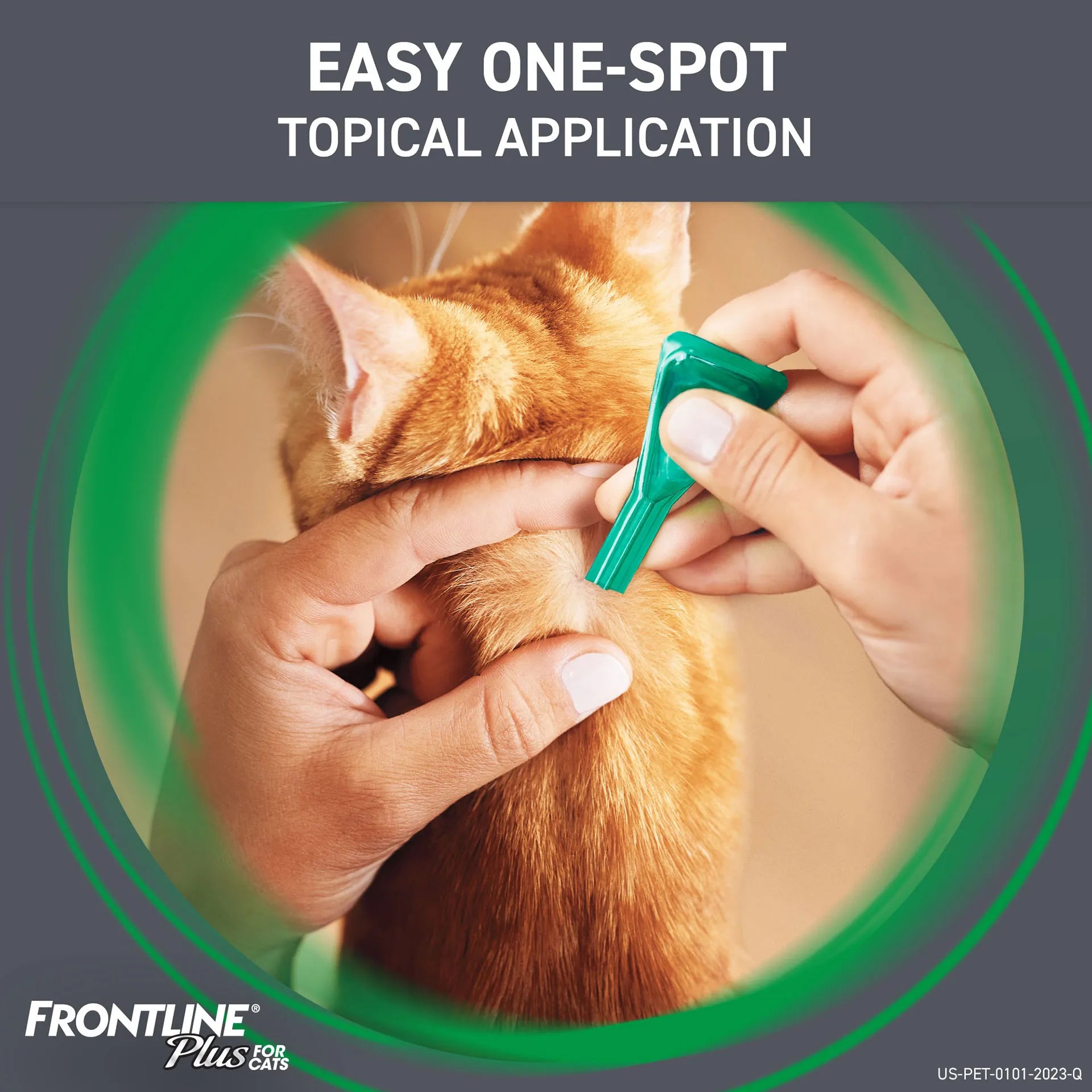 Frontline® Plus for Cats,"Hands applying green topical applicator to orange cat neck"
