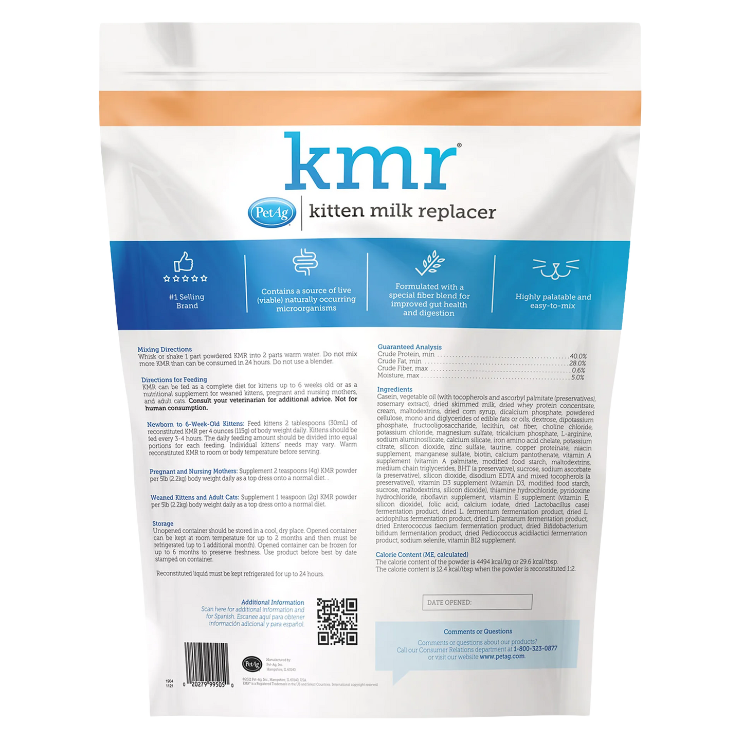 KMR®,"Back view of resealable pouch with feeding directions panel"