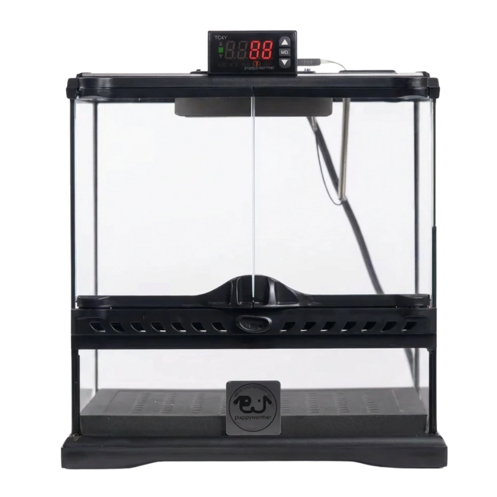 Puppywarmer® Puppy Incubator,"Glass-front incubator with digital control display"