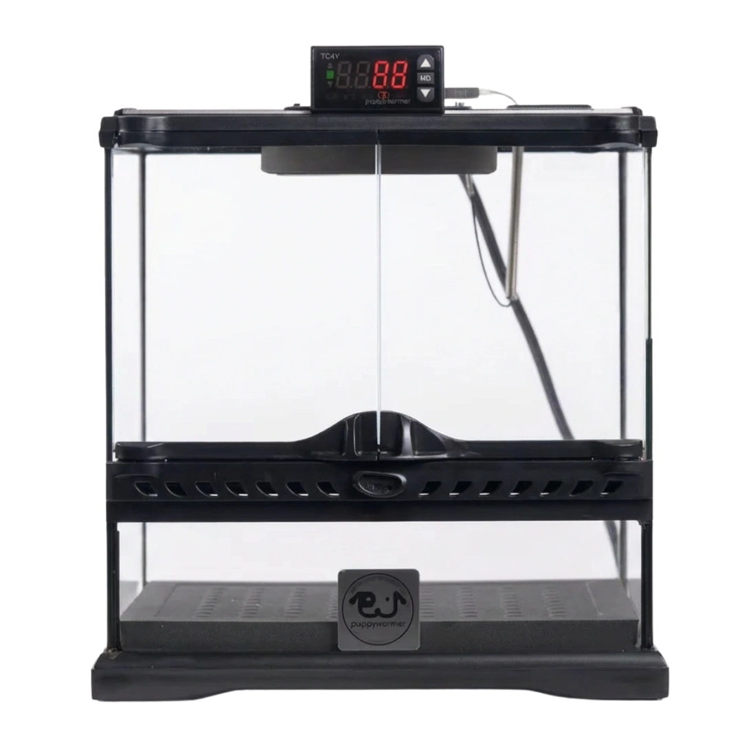 Puppywarmer® Puppy Incubator,"Glass-front incubator with digital control display"