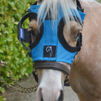 Equilume Light Mask,"Horse wearing blue mesh light mask with side eye cups"