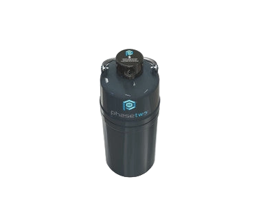 "CRYOCOURIER, Vapor Shipper","Black cylindrical container with screw-top lid and side handles"