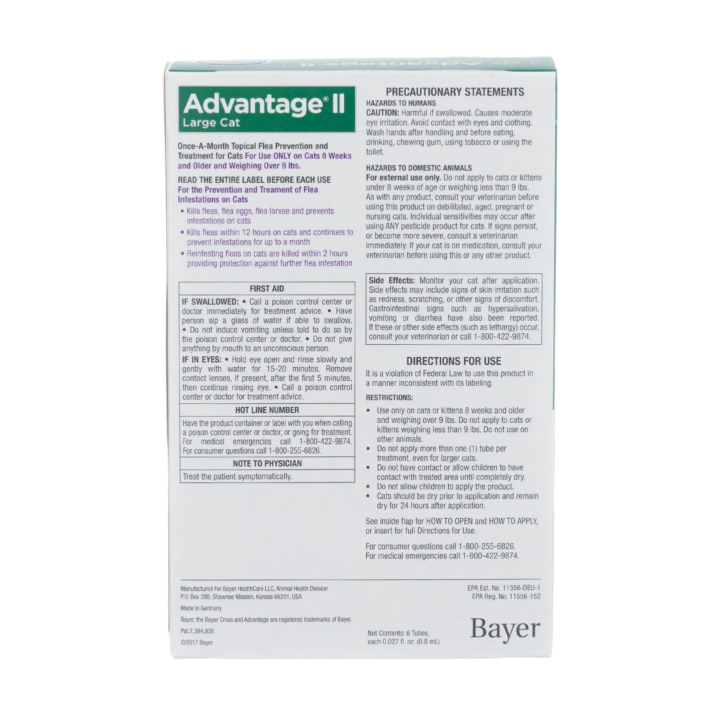 Advantage™ II for Cats,"Back of box with directions and precaution label"