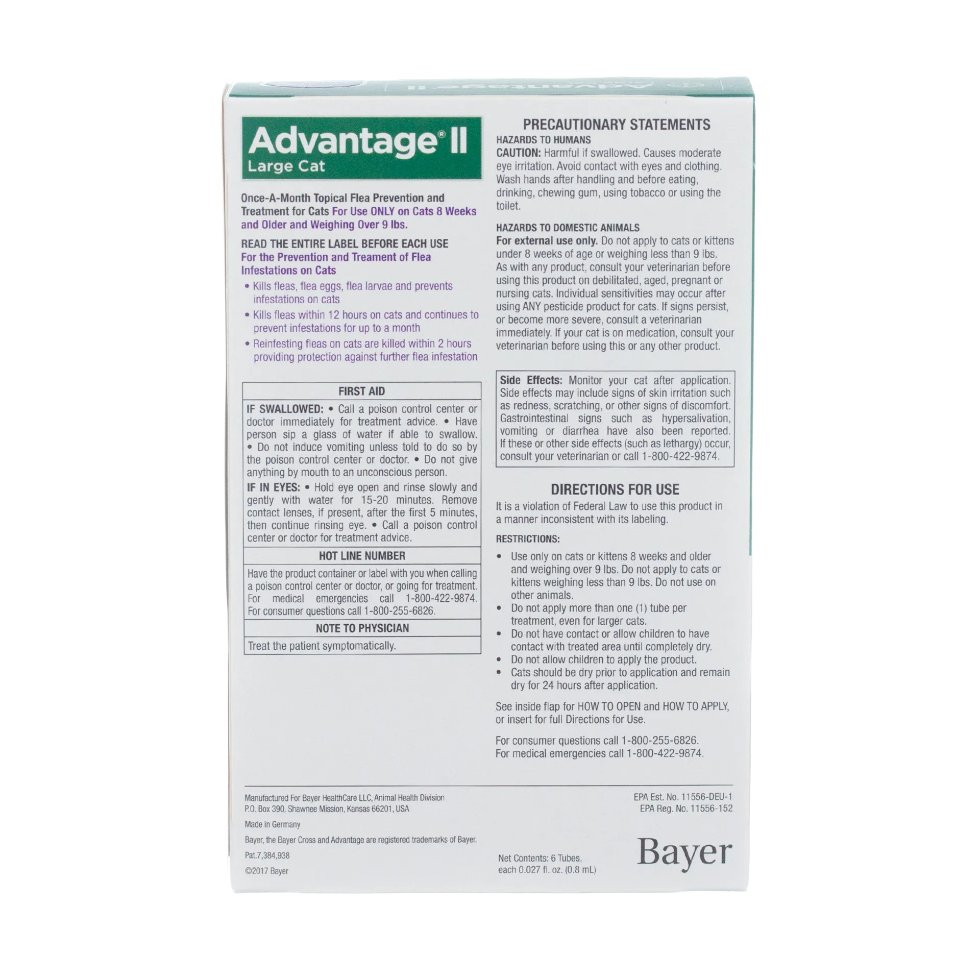 Advantage™ II for Cats,"Back of box with directions and precaution label"