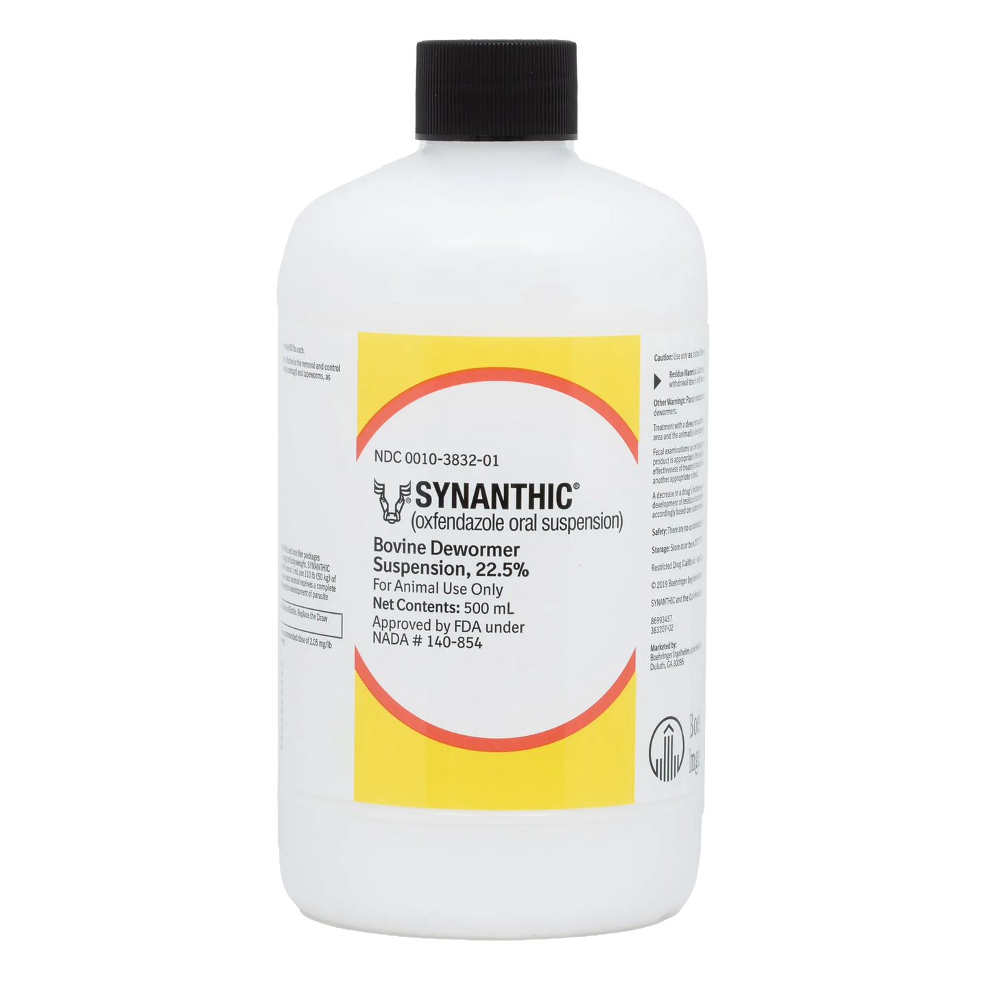 Synanthic® (oxfendazole oral suspension),"White bottle with black cap and yellow front label"