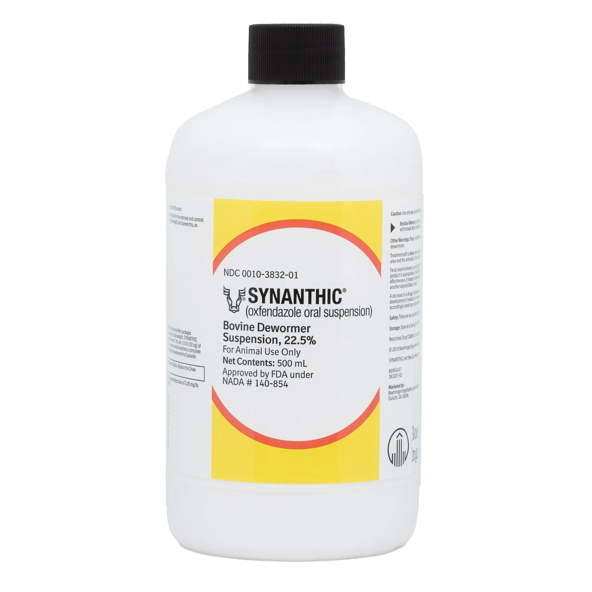 Synanthic® (oxfendazole oral suspension),"White bottle with black cap and yellow front label"