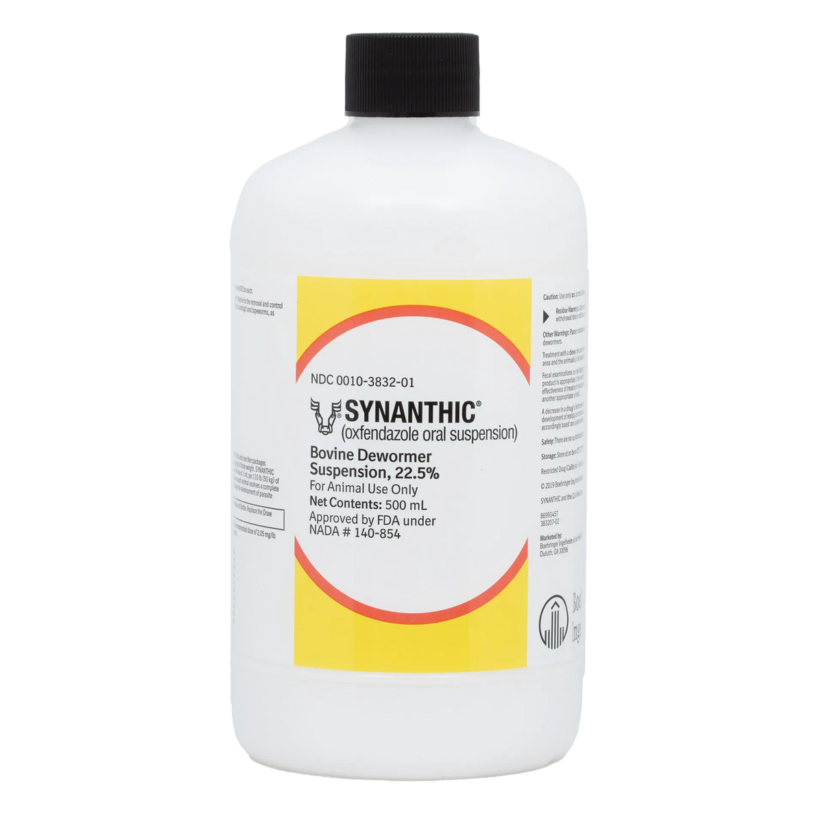Synanthic® (oxfendazole oral suspension),"White bottle with black cap and yellow front label"