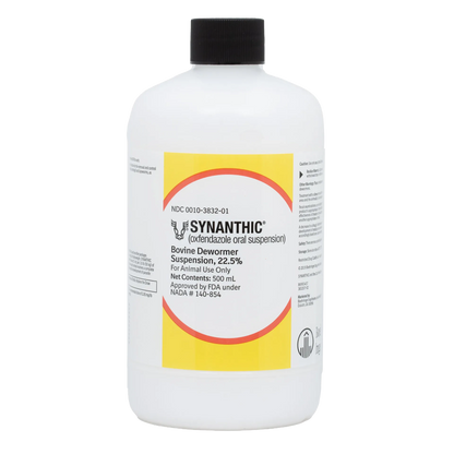 Synanthic® (oxfendazole oral suspension),"White bottle with black cap and yellow front label"