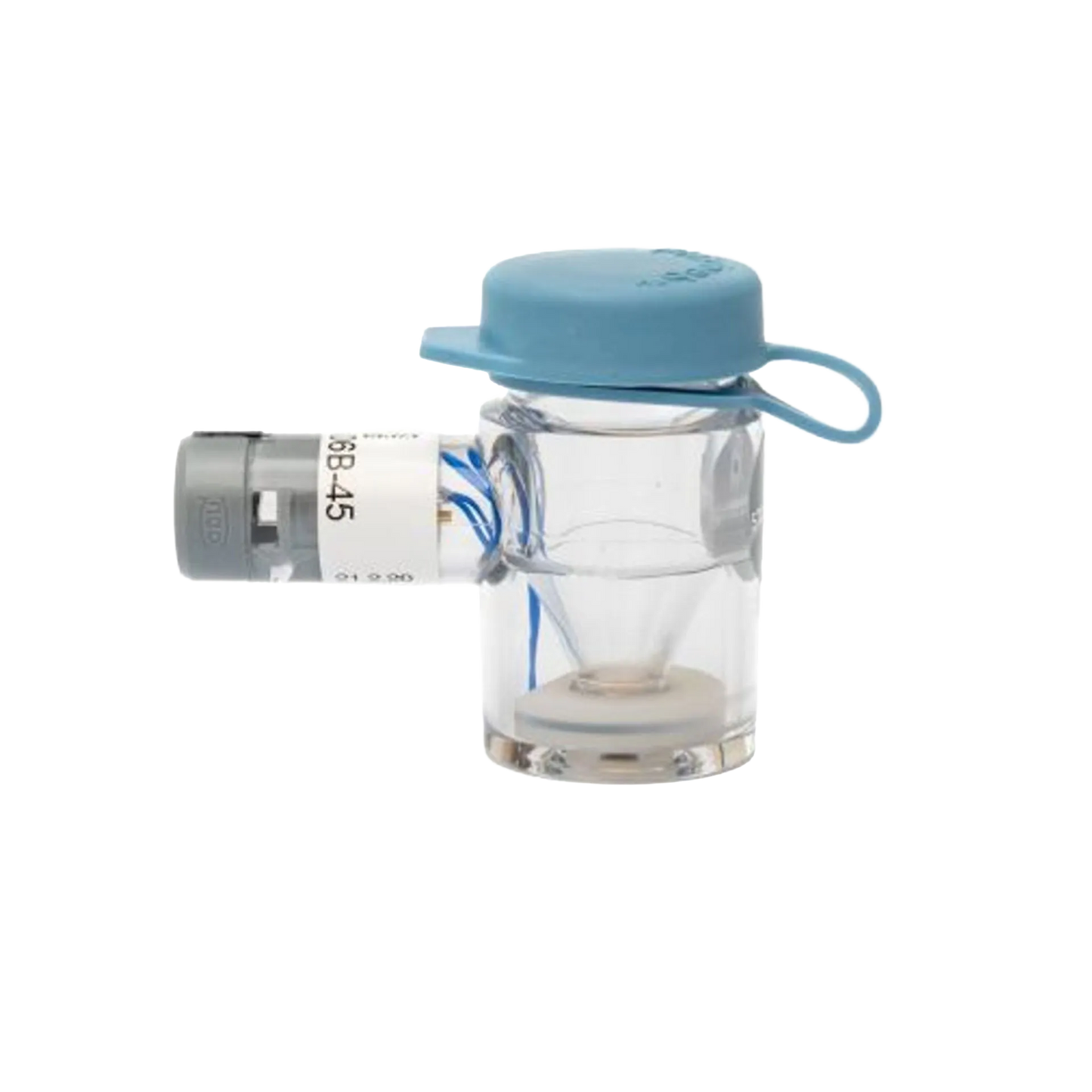 Flexineb® Medium Medication Cup,"Clear medication cup with blue cap and gray side connector"