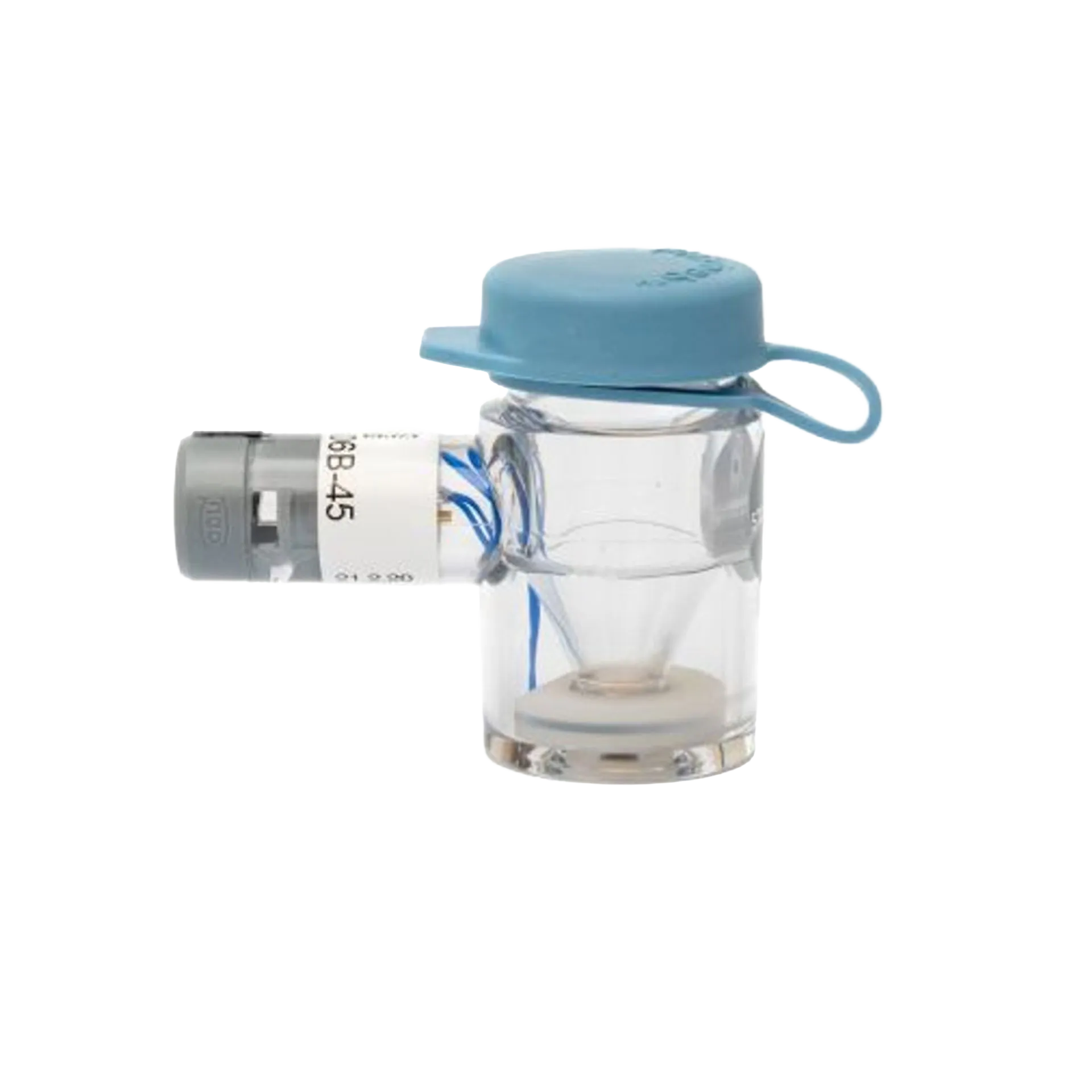 Flexineb® Medium Medication Cup,"Clear medication cup with blue cap and gray side connector"