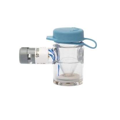 Flexineb® Medium Medication Cup,"Clear medication cup with blue cap and gray side connector"
