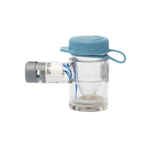 Flexineb® Medium Medication Cup,"Clear medication cup with blue cap and gray side connector"