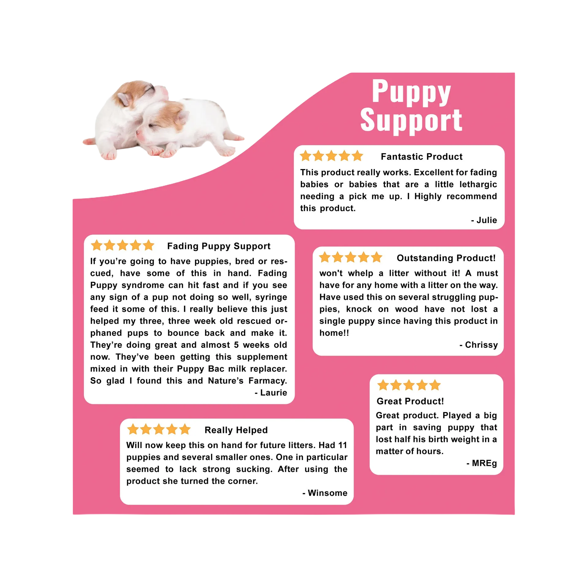 Puppy Support for Fading Puppies,"Two puppies above a pink customer review graphic"