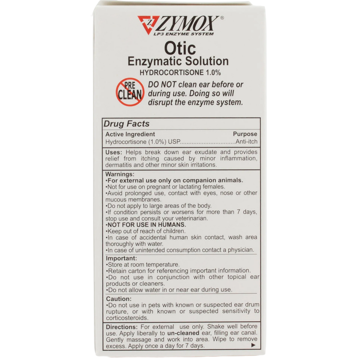 Zymox® Plus Otic-HC Enzymatic Solution,"Front view of product box with drug facts panel"