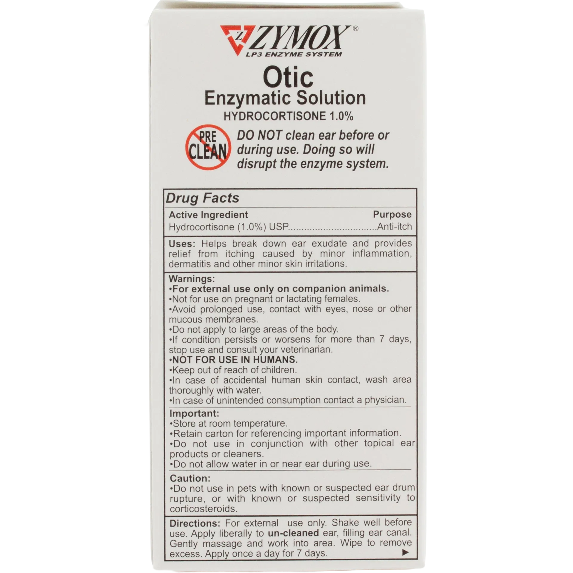 Zymox® Plus Otic-HC Enzymatic Solution,"Front view of product box with drug facts panel"