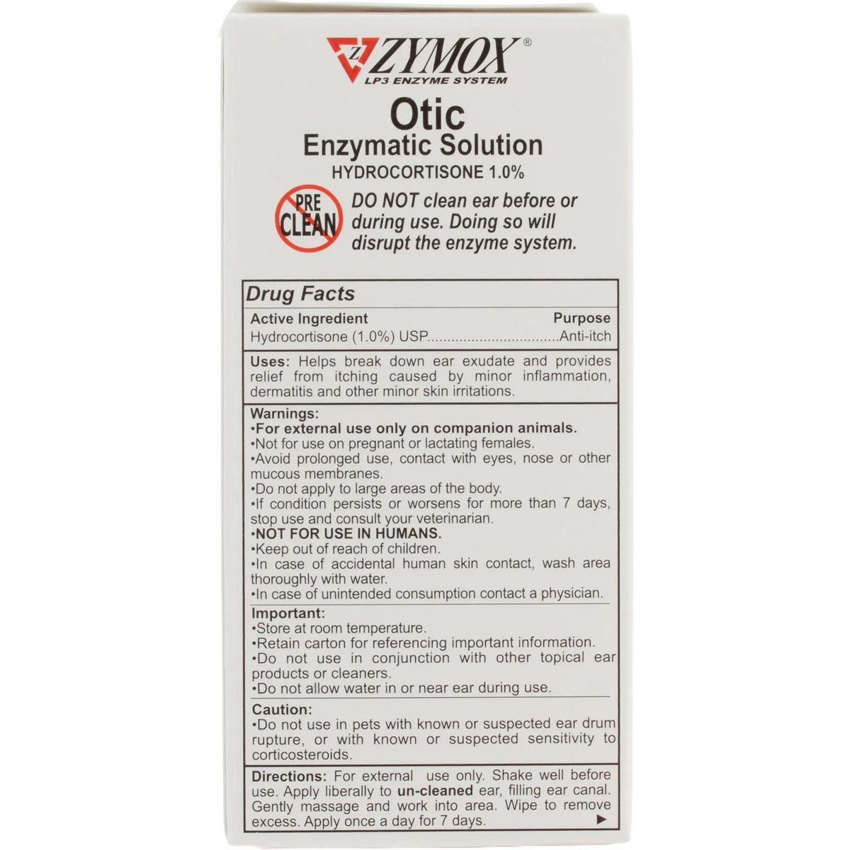 Zymox® Plus Otic-HC Enzymatic Solution,"Front view of product box with drug facts panel"