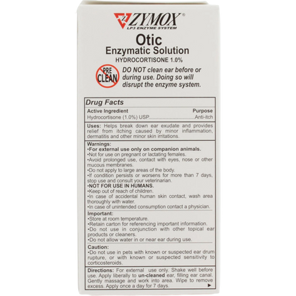 Zymox® Plus Otic-HC Enzymatic Solution,"Front view of product box with drug facts panel"