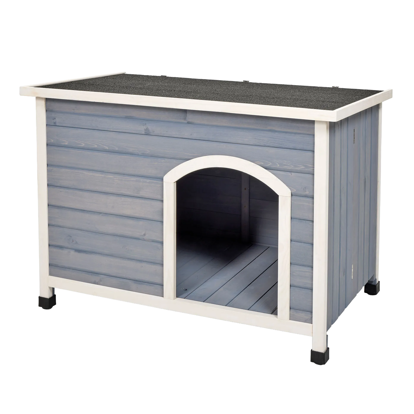 Eilio™ Folding Wood Dog Home,"Gray wooden dog house with black roof and arched doorway"