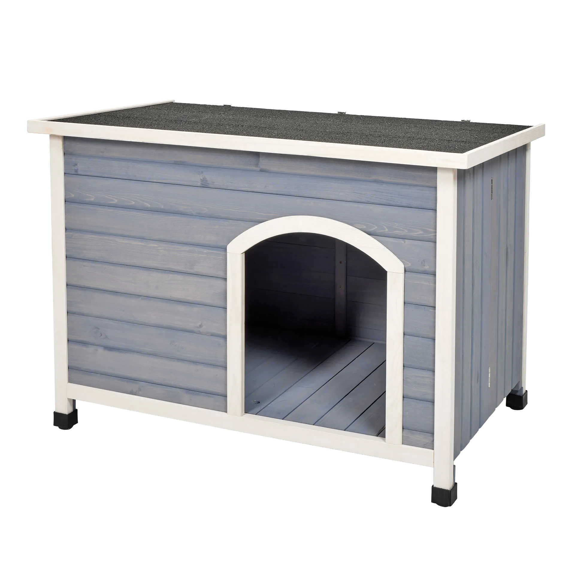 Eilio™ Folding Wood Dog Home,"Gray wooden dog house with black roof and arched doorway"