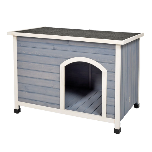 Eilio™ Folding Wood Dog Home,"Gray wooden dog house with black roof and arched doorway"