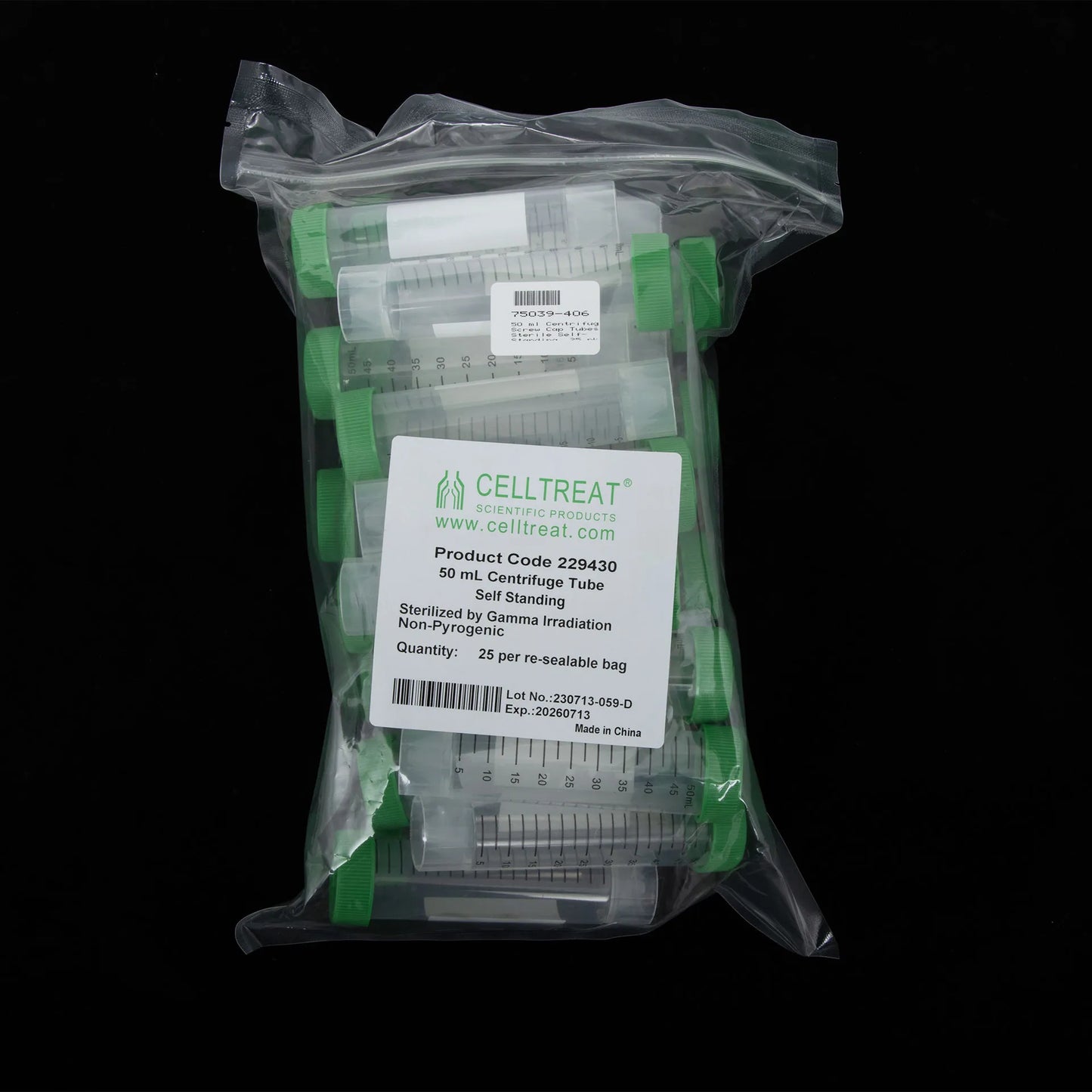 50 ml Centrifuge Screw Cap Tubes Sterile Self-Standing,"Bag of clear centrifuge tubes with green screw caps"