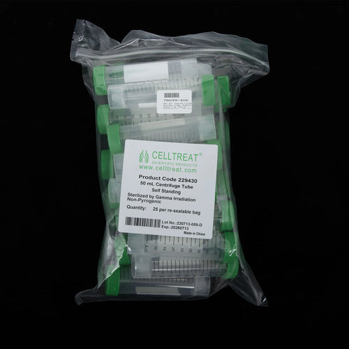 50 ml Centrifuge Screw Cap Tubes Sterile Self-Standing,"Bag of clear centrifuge tubes with green screw caps"