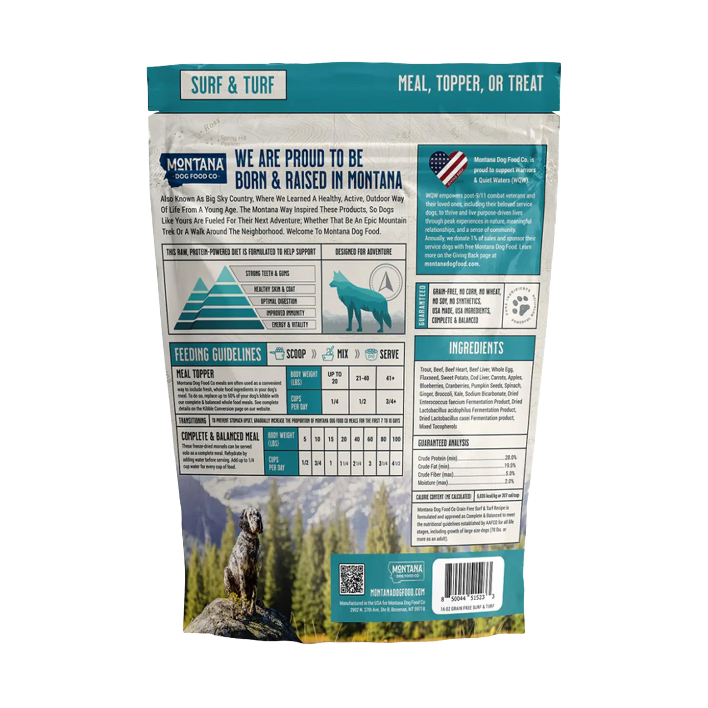 Adventure Fuel: Freeze-Dried Raw Dog Food,"Back of dog food bag with feeding guide and ingredients panel"