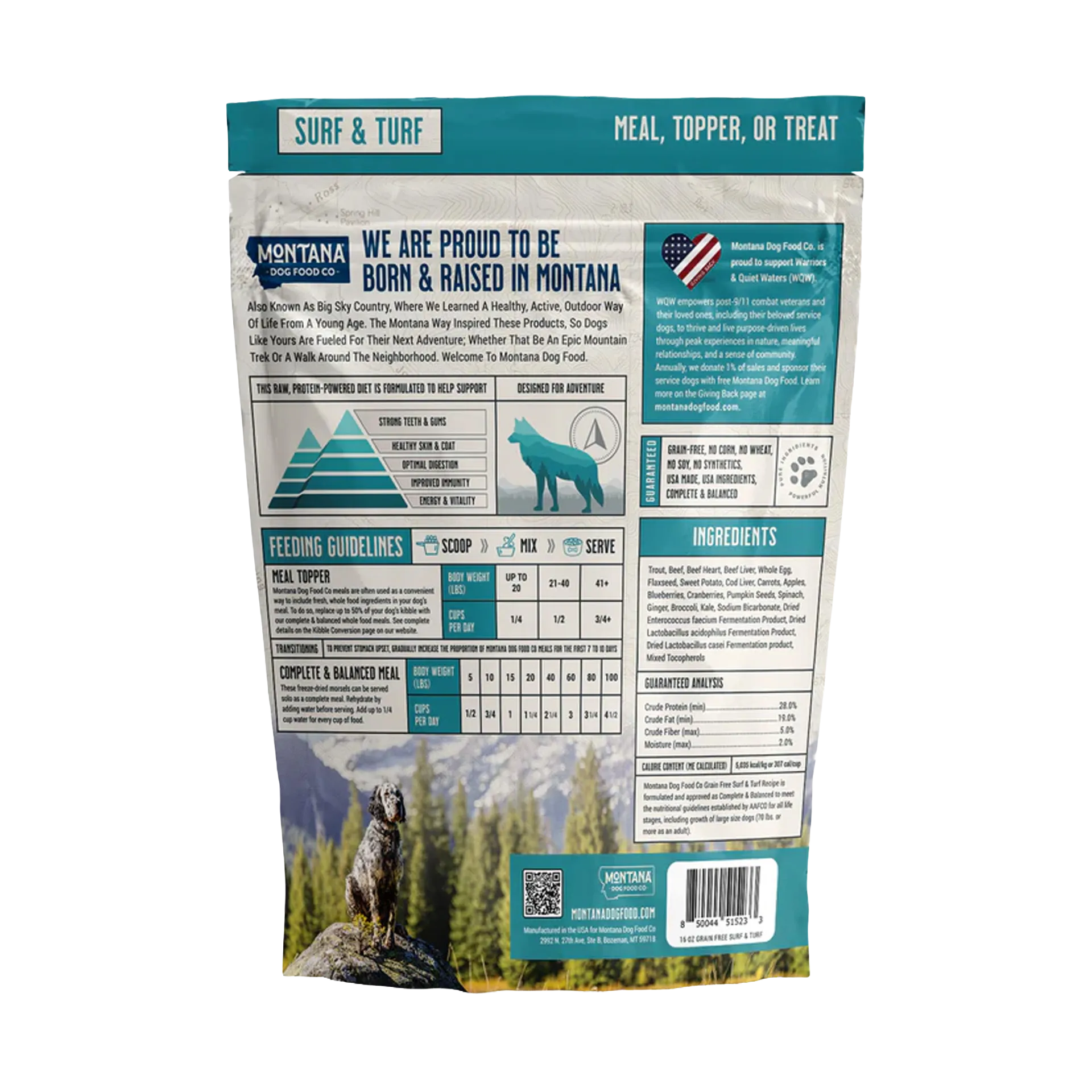 Adventure Fuel: Freeze-Dried Raw Dog Food,"Back of dog food bag with feeding guide and ingredients panel"