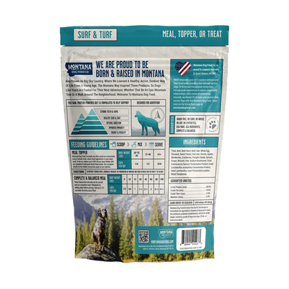 Adventure Fuel: Freeze-Dried Raw Dog Food,"Back of dog food bag with feeding guide and ingredients panel"