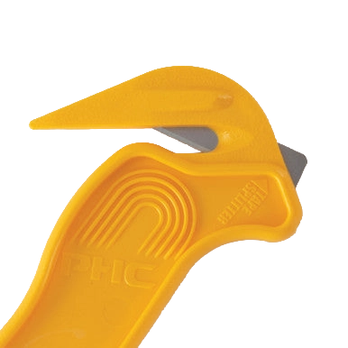 Plastic Wrap Cutter,"Yellow handheld wrap cutter with exposed metal blade"