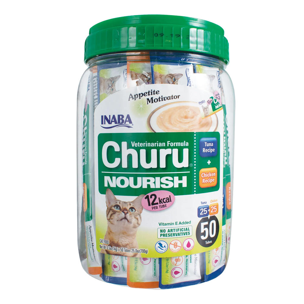 Inaba® Churu® Cat Treats,"Clear jar with green lid holding assorted treat tubes"