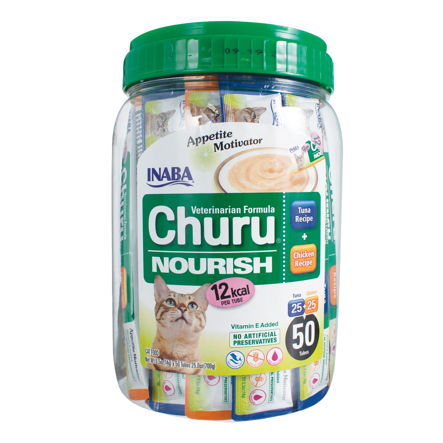 Inaba® Churu® Cat Treats,"Clear jar with green lid holding assorted treat tubes"