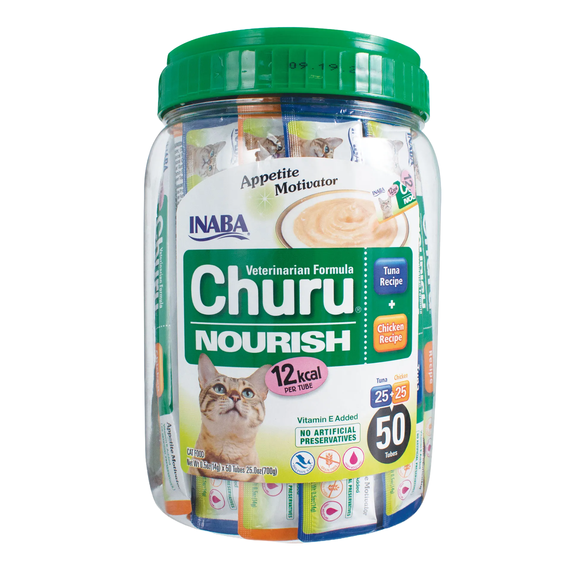 Inaba® Churu® Cat Treats,"Clear jar with green lid holding assorted treat tubes"
