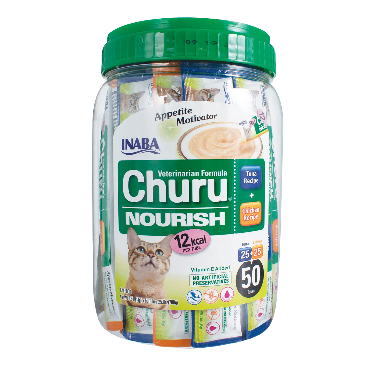 Inaba® Churu® Cat Treats,"Clear jar with green lid holding assorted treat tubes"