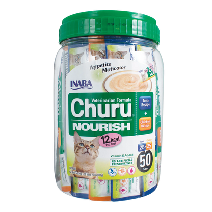 Inaba® Churu® Cat Treats,"Clear jar with green lid holding assorted treat tubes"