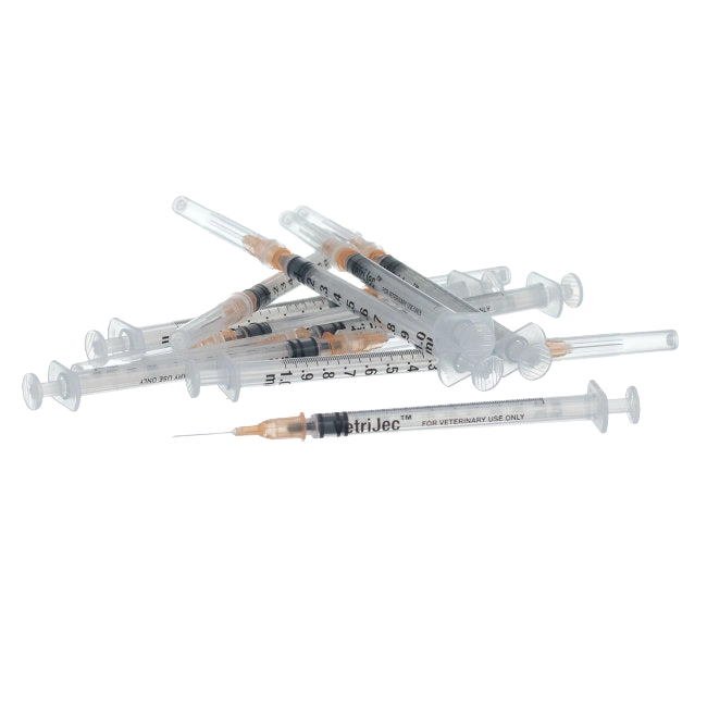 1cc VetriJec™ Syringes with 25 gauge Needles,"Scattered clear syringes with orange needle hubs"