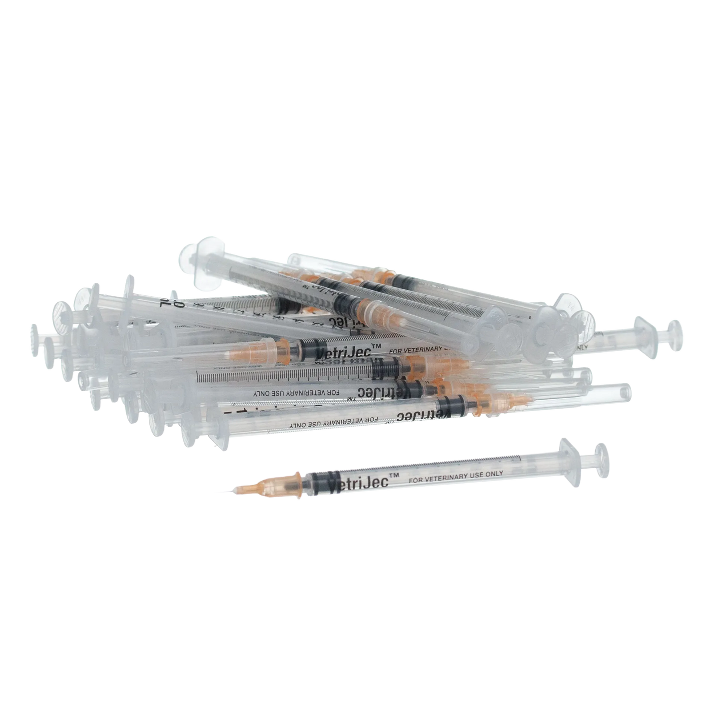1cc VetriJec™ Syringes with 25 gauge Needles,"Pile of clear syringes with orange needle hubs"