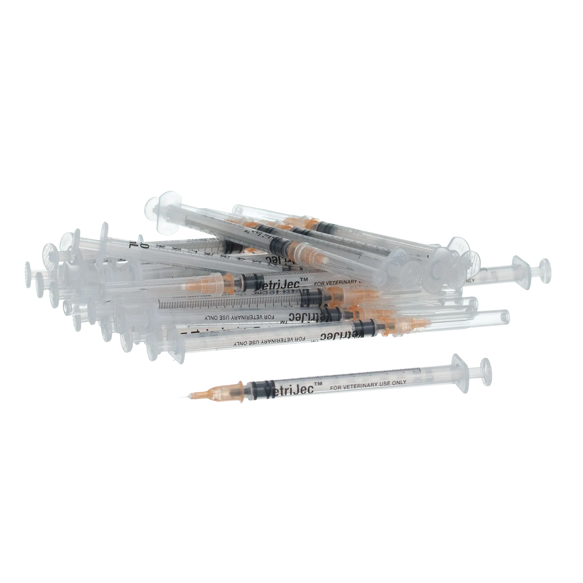 1cc VetriJec™ Syringes with 25 gauge Needles,"Pile of clear syringes with orange needle hubs"