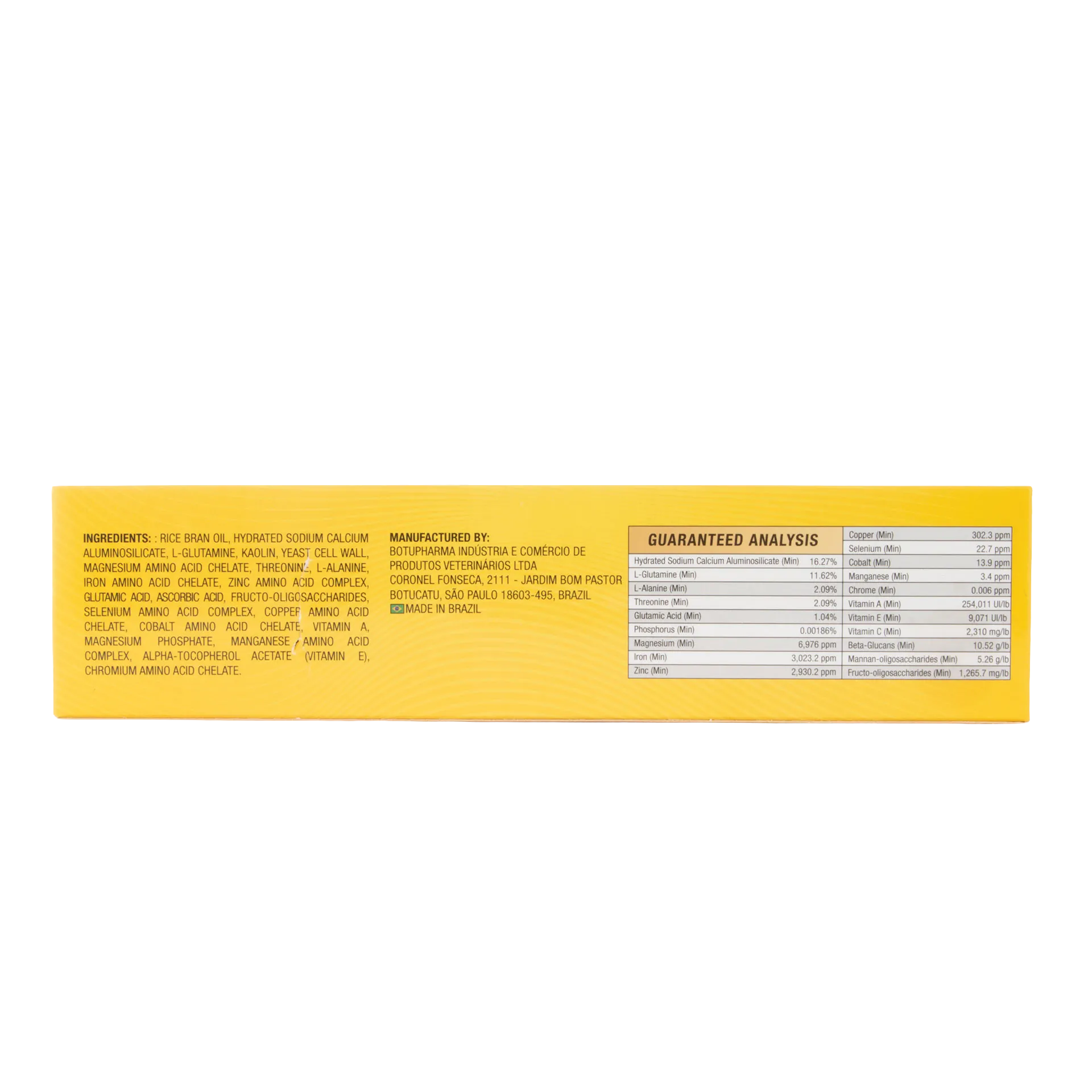 BotuMix Entrin Horse,"Yellow box side panel with ingredients and analysis table"