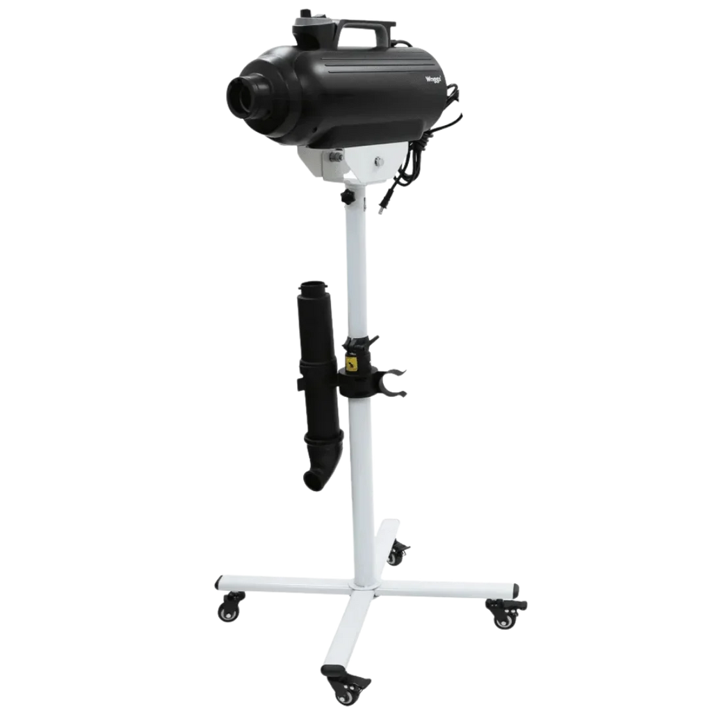 Movable Dryer Stand for Solo-Stream and Duo-Sprint Dryer by Waggz,"Black pet dryer on white rolling stand with hose holder"
