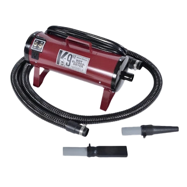 K-9 II Dog Dryer With FREE Water Peeler,"Red dog dryer with coiled hose and two nozzle attachments"