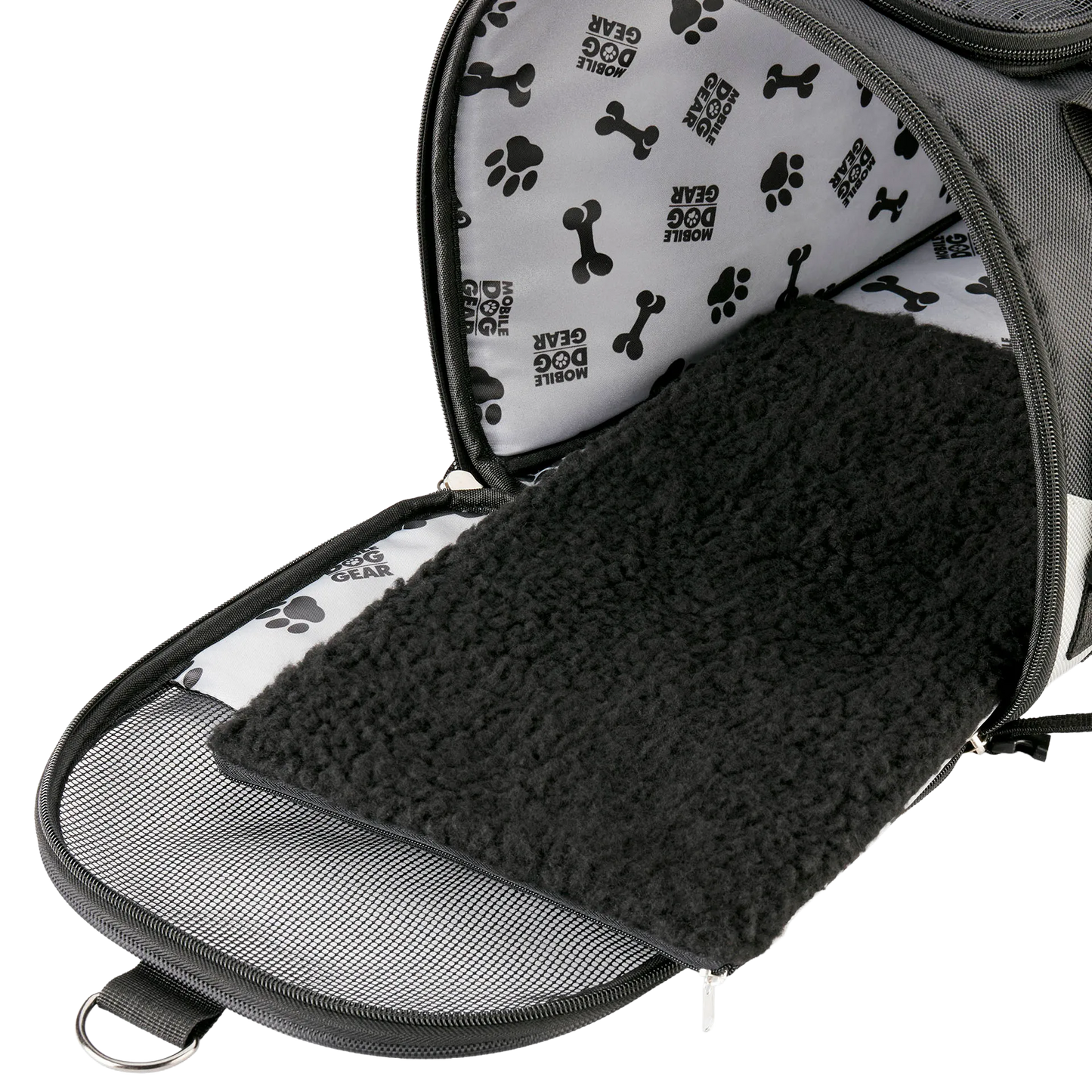 Mobile Dog Gear Pet Carrier Plus,"Open pet carrier interior with black plush mat and mesh flap"