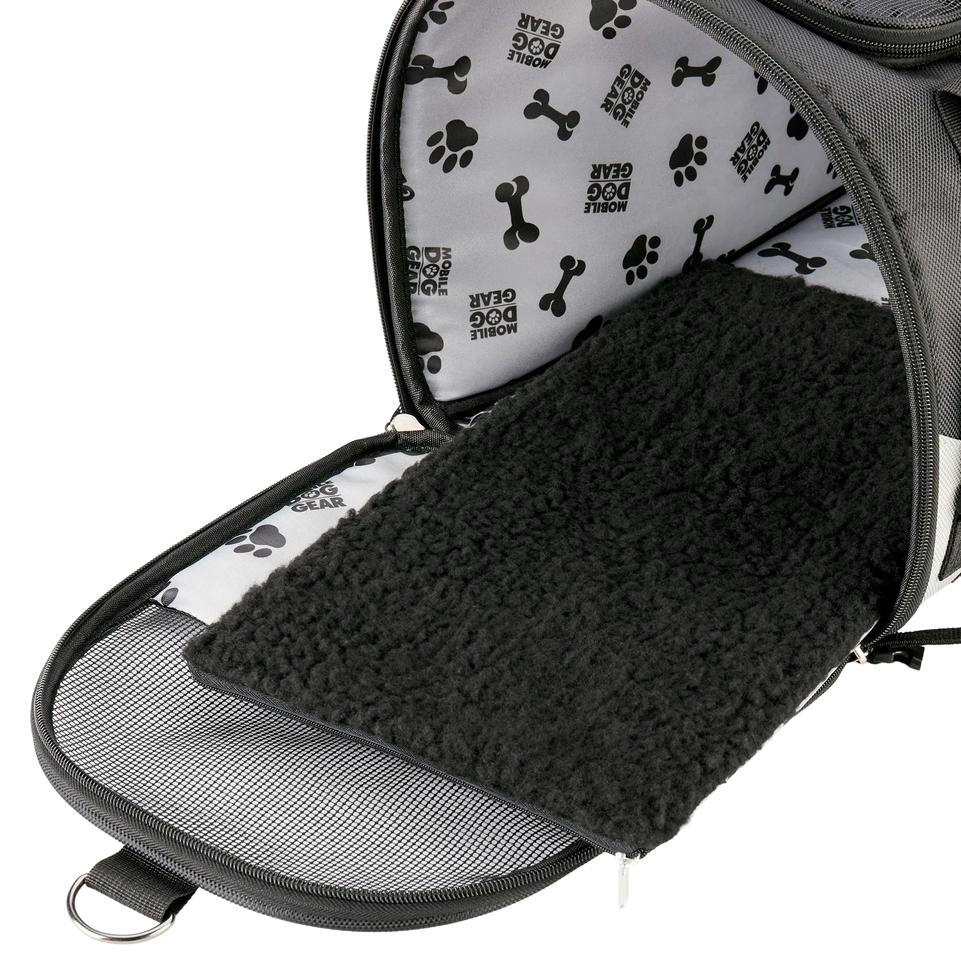 Mobile Dog Gear Pet Carrier Plus,"Open pet carrier interior with black plush mat and mesh flap"