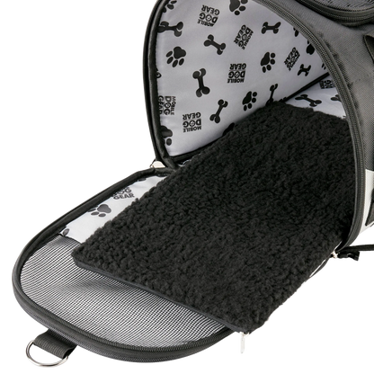 Mobile Dog Gear Pet Carrier Plus,"Open pet carrier interior with black plush mat and mesh flap"