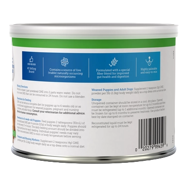 PetAg Goat's Milk Esbilac Puppy Milk Replacer Powder for Puppies,"Back of powder can with blue label panel"