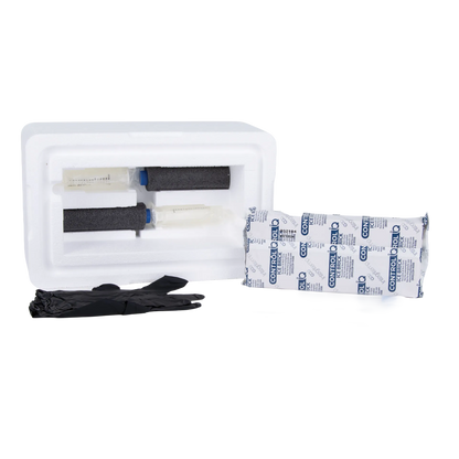 Canine Express Semen Transport Kit,"Foam cooler kit with two vials, ice pack, and black gloves"