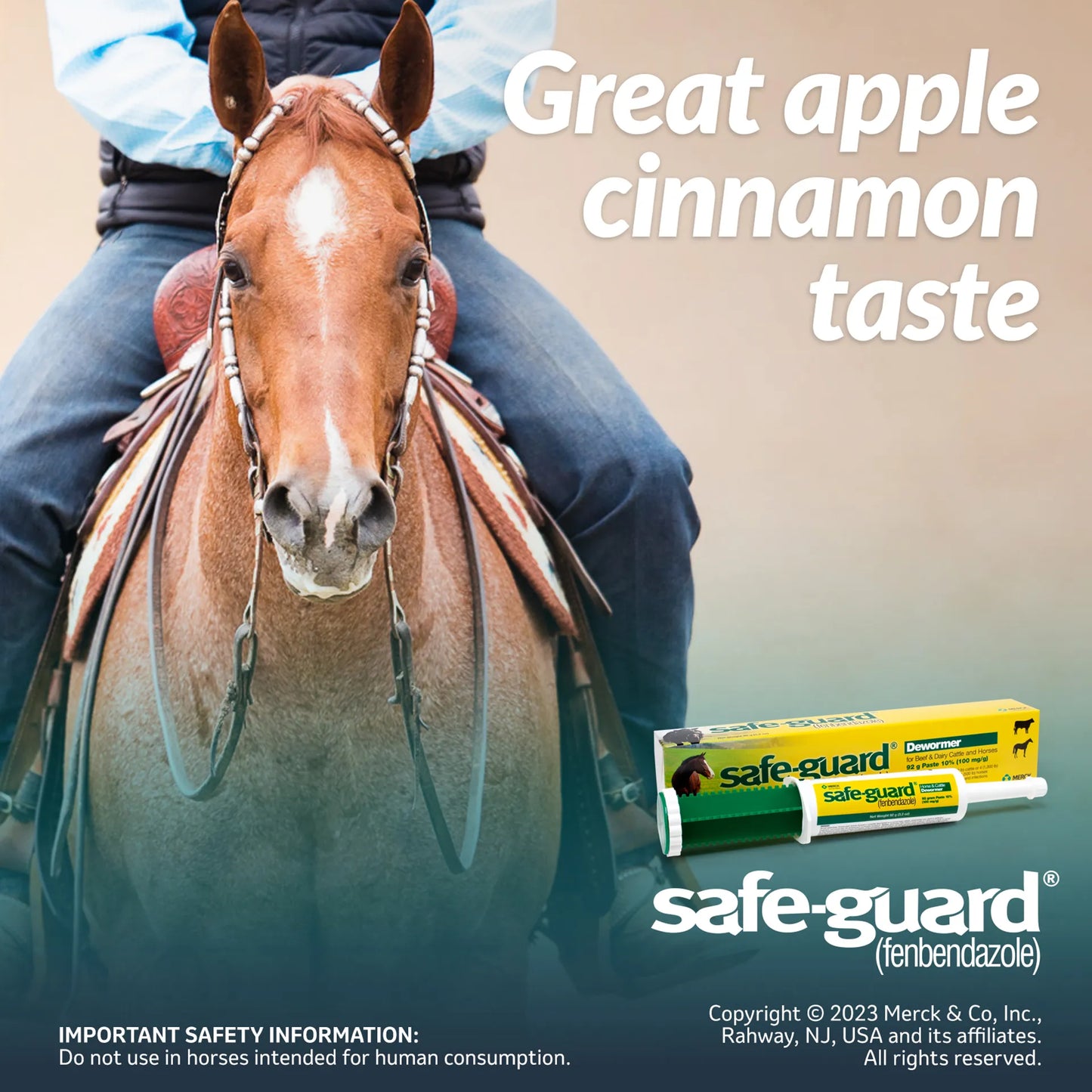 Safe-Guard® Equine Dewormer,"Dewormer paste syringe with box and horse rider graphic"