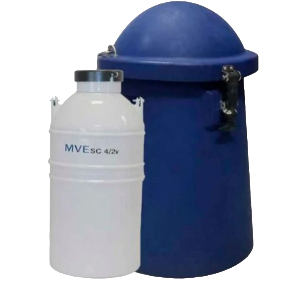 Newly Designed Next Generation Vapor Shipper,"Blue cylindrical shipper with domed lid and white canister"