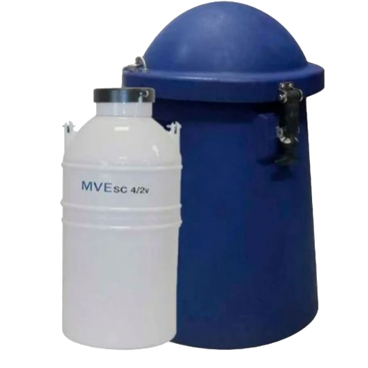 Newly Designed Next Generation Vapor Shipper,"Blue cylindrical shipper with domed lid and white canister"
